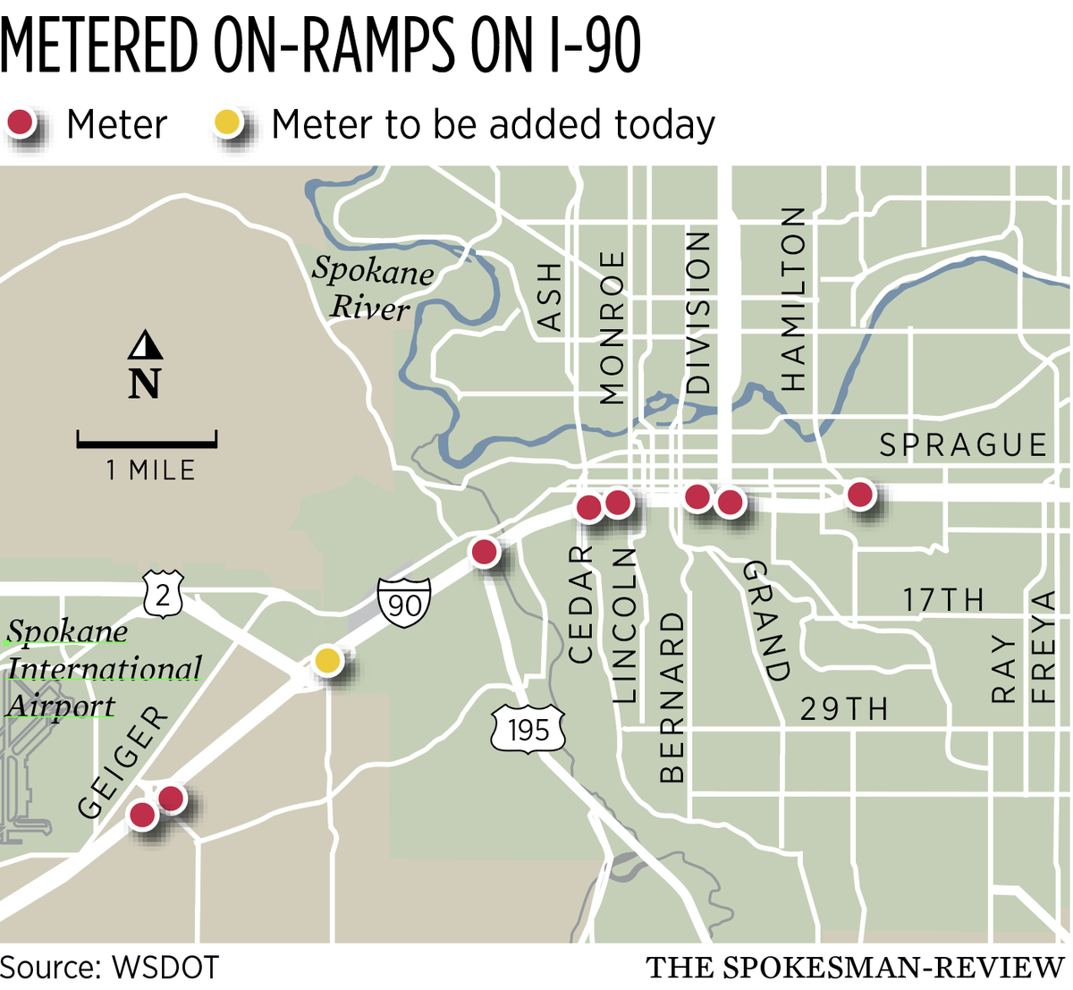 WSDOT has installed more than half a dozen ramp meters along Interstate 90 in Spokane since 2019.   (Chris Soprych/The Spokesman-Review)