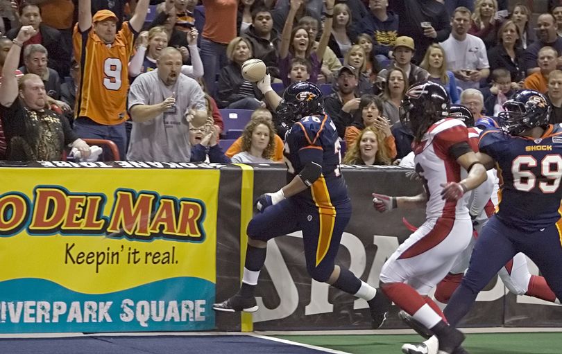 Spokane’s Branden Hall runs to paydirt for the Shock’s first touchdown of the game Friday night. Special to  (Bruce Twitchell Special to)