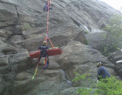 Spokane County firefighters rescue a climber who fell from a cliff in John Shields Park on Sunday.Courtesy of   Spokane County   Fire District 9 (Courtesy of   Spokane County   Fire District 9 / The Spokesman-Review)