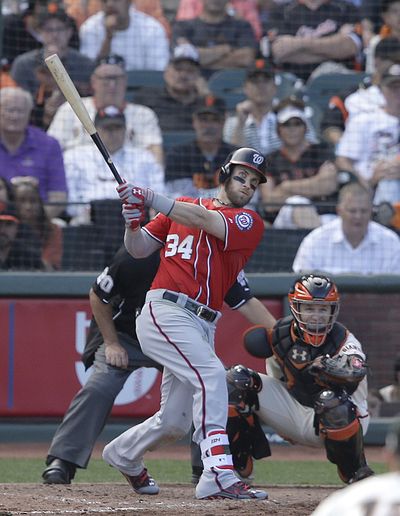 Bryce Harper’s solo home run in the ninth punctuated Washington’s 4-1 win in San Francisco as the Nationals avoided being swept aside. (Associated Press)