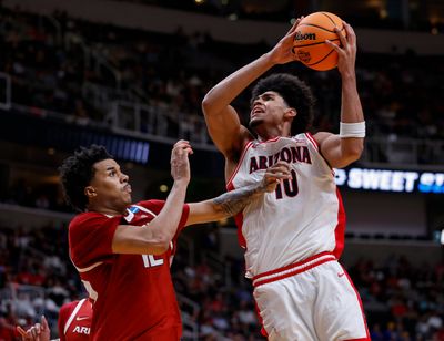 Arizona’s Koa Peat takes a shot against Arkansas defender Malique Ewin during the NCAA Tournament’s Sweet 16 at SAP Center in San Jose, Calif., on March 26.  (Tribune News Service)