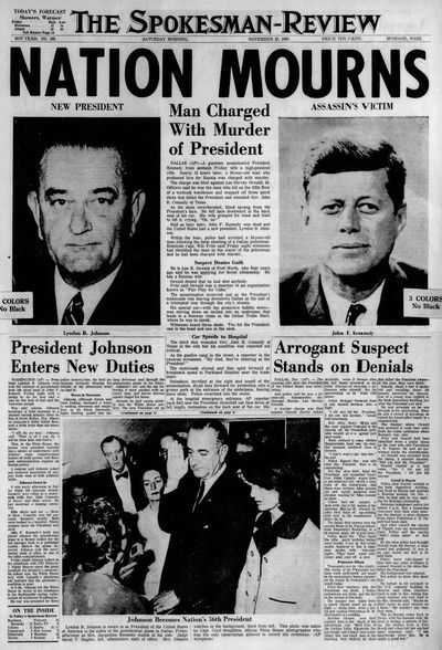 Nov. 23, 1963 --Nation Mourns. Man Charged With Murder of President. A gunman assassinated President Kennedy from ambush Friday with a high-powered rifle. Nearly 12 hours later, a 24-year-old man who professed love for Russia was charged with murder. The charge was filed against Lee Harvey Oswald, 24. Officers said he was the man who hid on the fifth floor of a textbook warehouse and snapped off three quick shots that killed the President and wounded Gov. John B. Connally of Texas. As the shots reverberated, blood sprang from the President's face. He fell face downward in the back seat of his car. His wife grasped his head and tried to lift it, crying, 