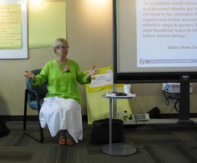 Carolyn Lukensmeyer of the National Institute for Civil Discourse leads the Idaho Civility Summit at BSU on Tuesday (Betsy Z. Russell)