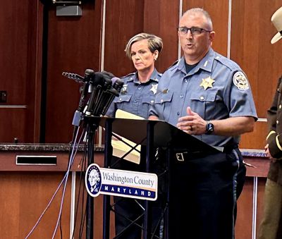 The Washington County Sheriff Brian K. Albert spoke at a news conference Friday about the search for Pedro Argote, 49, in the connection with the shooting of a Maryland judge. MUST CREDIT: Jasmine Hilton/The Washington Post.  (Jasmine Hilton/The Washington Post)