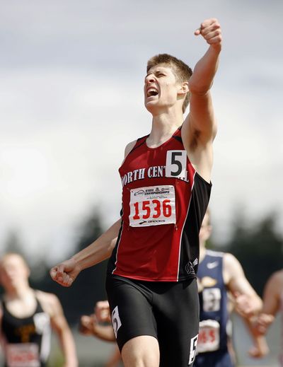 Andrew Wordell reacts to winning the 800 meters for North Central, which won the 3A team title. (Patrick Hagerty)