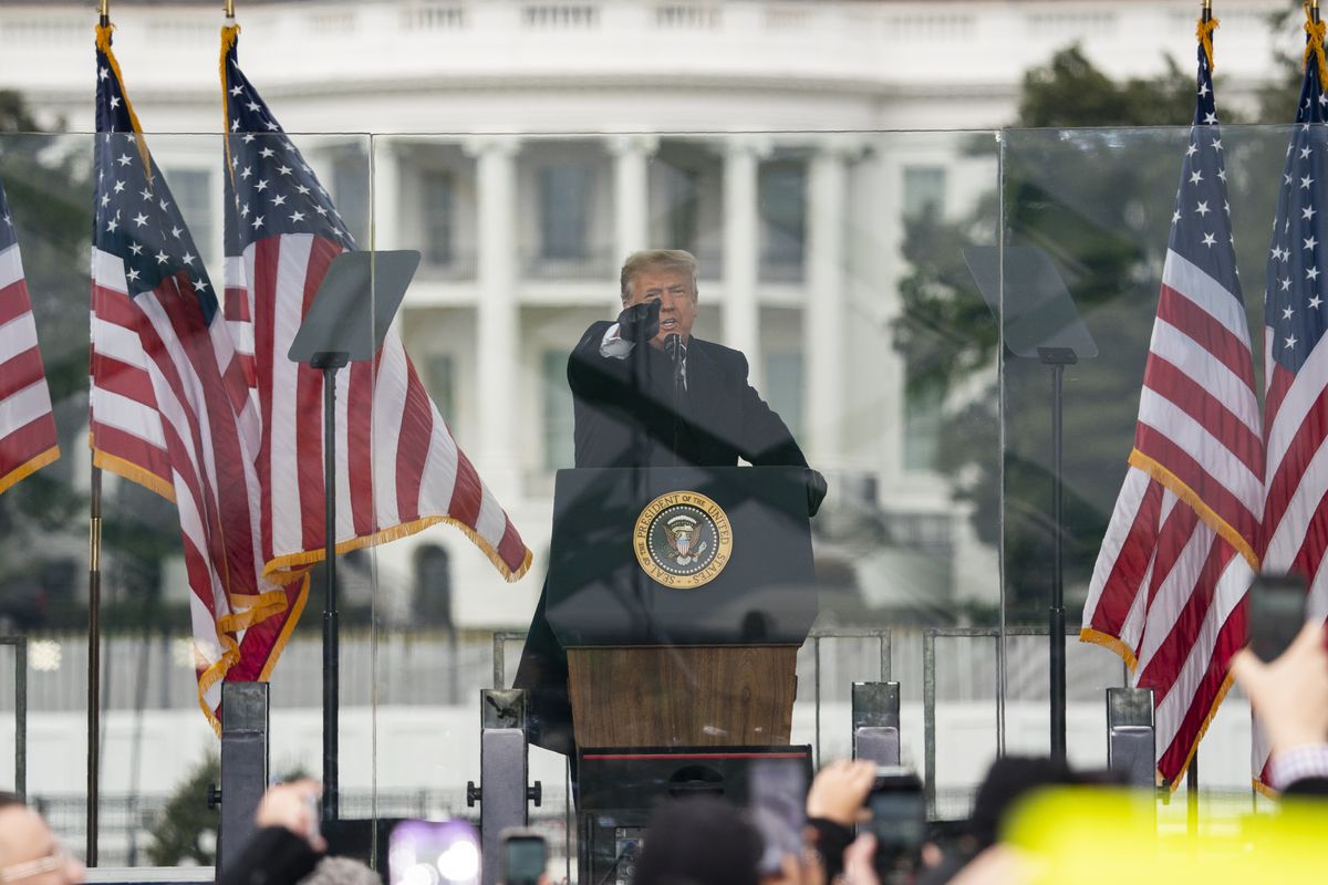 In this Jan. 6, 2021 photo, President Donald Trump speaks during a rally protesting the electoral college certification of Joe Biden as President in Washington. Arguments begin Tuesday, Feb. 9, in the impeachment trial of Donald Trump on allegations that he incited the violent mob that stormed the U.S. Capitol on Jan. 6. (Evan Vucci)