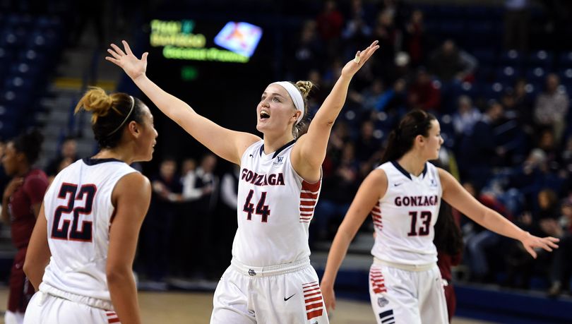 Gonzaga center Shelby Cheslek (44) celebrates the Bulldogs 83-68 win over LMU, Thurs., Feb. 4, 2016, at the McCarthey Athletic Center. (Colin Mulvany / The Spokesman-Review)