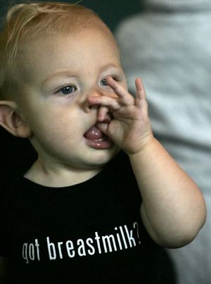 
Eight-month-old Max Purvis sports a "got breastmilk?" T-shirt  at a protest Tuesday  at Portland International Airport. 
 (Associated Press / The Spokesman-Review)
