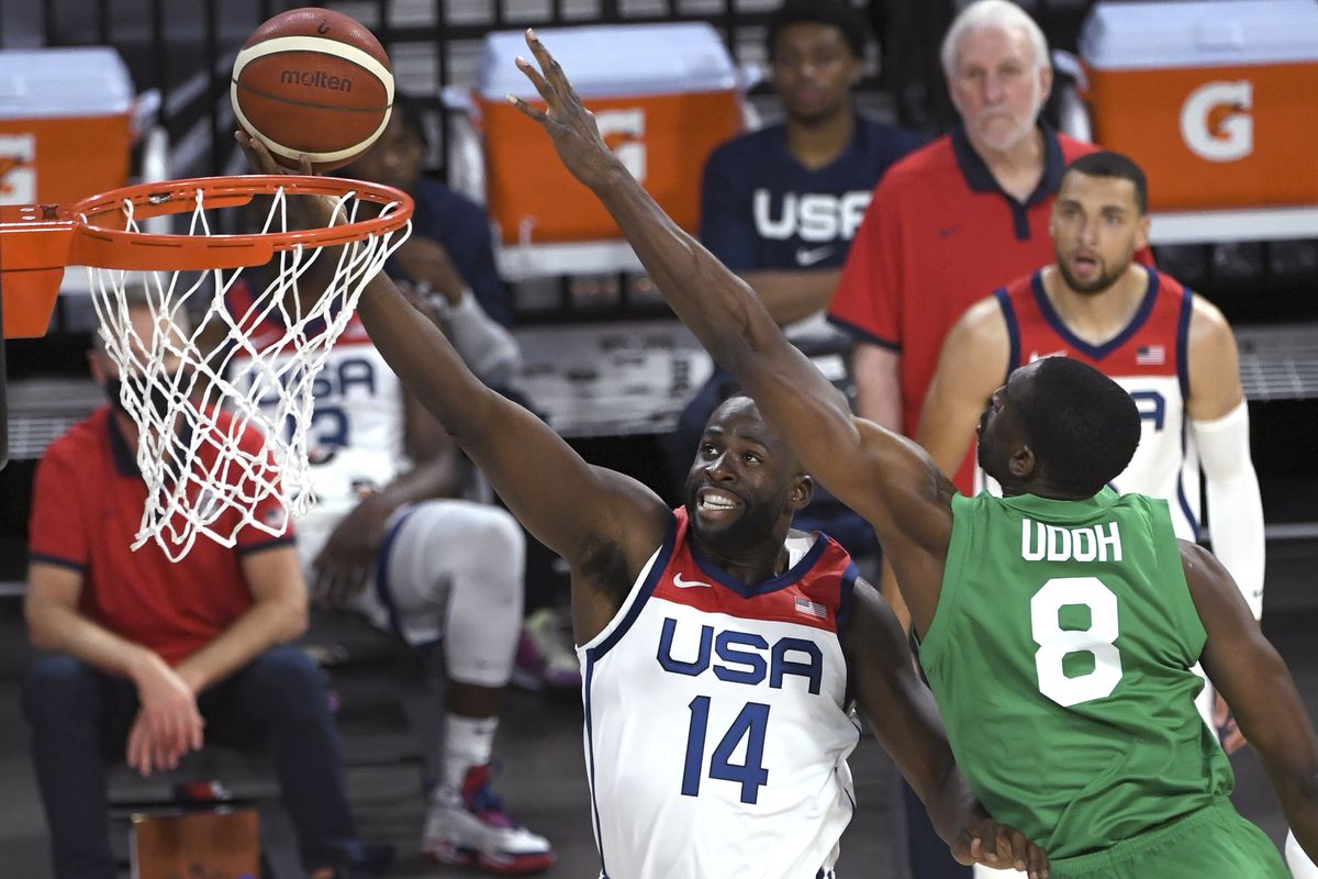 United States’ Draymond Green shoots against Nigeria’s Ekpe Udoh during Saturday’s exhibition loss for the Americans in Las Vegas.  (David Becker)