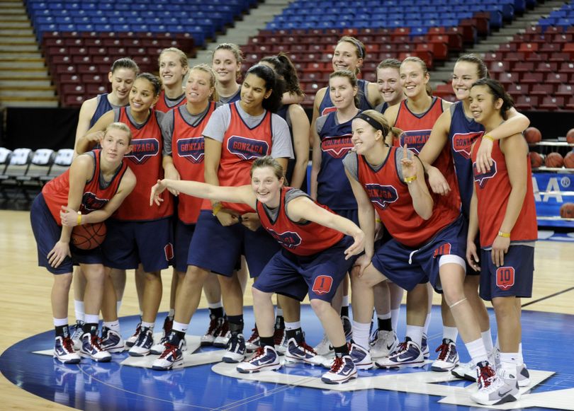 The Gonzaga women's basketball team ham it up for the cameras after their practice session Friday, March 26, 2010, in the Sacramento's Arco Arena. (Colin Mulvany / The Spokesman-Review)