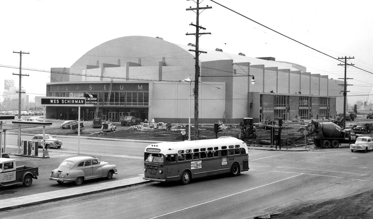1954 photo of the Spokane Coliseum during its final phase of construction. The bond was approved in early 1953 and the building was dedicated in December of 1954. (<!-- No photographer provided --> / Spokesman-Review photo archive)