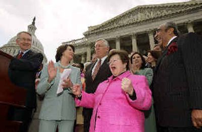 Democratic members of Congress take part in a filibuster rally on Capitol Hil on Wednesday. From left are Senate Minority Leader Harry Reid of Nev.; House Minority Leader Nancy Pelosi of Calif.; House Minority Whip Steny Hoyer of Md.; Sen. Barbara Mikulski, Md.; and Rep. Charles Rangel, N.Y. 
 (Associated Press / The Spokesman-Review)