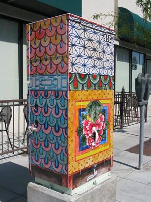 This decorated traffic box is among 53 in and around downtown Boise, as part of a city public art project (Betsy Russell)