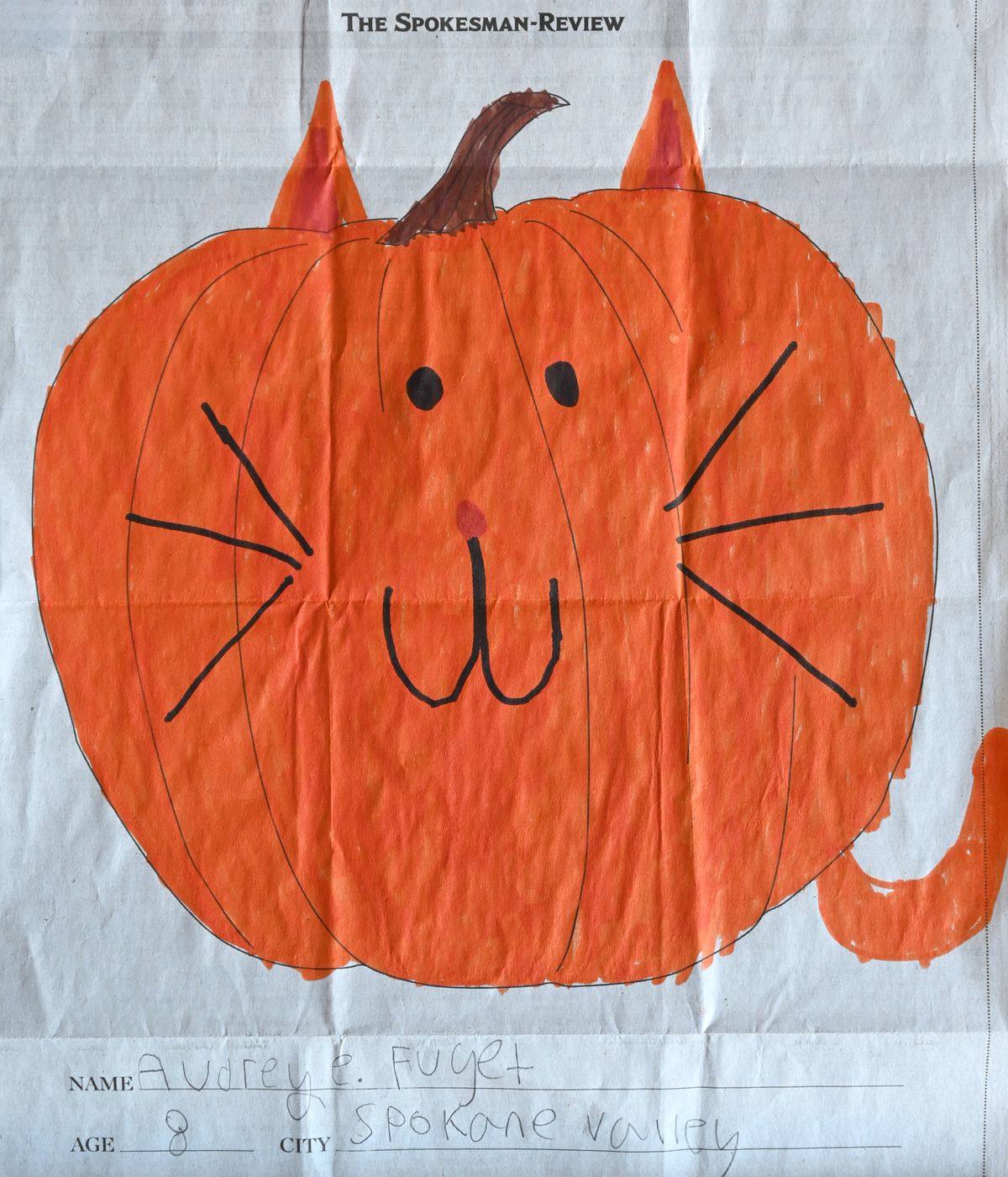 2021 pumpkin coloring contest – Audrey Fuget, 8, of Spokane Valley.  (The Spokesman-Review)
