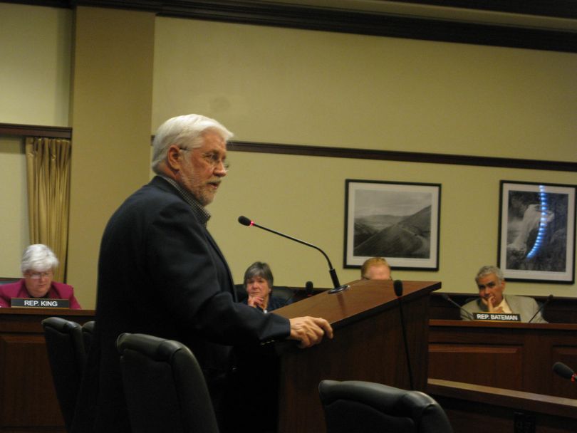 Former state Rep. Dick Harwood, R-St. Maries, testifies against the statewide heavy-truck bill in the House Transportation Committee on Monday (Betsy Russell)
