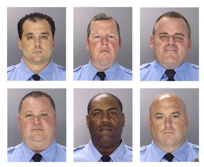 Pictured from top left to right, Philadelphia police officers Thomas Liciardello, Brian Reynolds, Michael Spicer, and from bottom left, Perry Betts, Linwood Norman and John Speiser. (Associated Press)