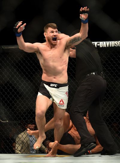 Michael Bisping reacts after knocking out Luke Rockhold during UFC 199 at the Forum in Inglewood, California, on Saturday. (Hans Gutknecht / Associated Press)