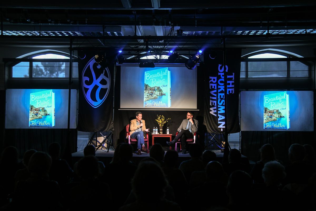 Spokane author Jess Walter talks about his novel “Beautiful Ruins” with Nick Deshais, Wednesday, May 16, 2018, during the Northwest Passages Book Club. (Dan Pelle / The Spokesman-Review)