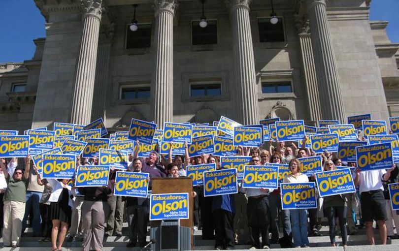 About 125 Idaho teachers from around the state rally on the state capitol steps on Friday, launching an independent campaign in favor of Stan Olson for state superintendent of schools, and against incumbent Tom Luna. (Betsy Russell)