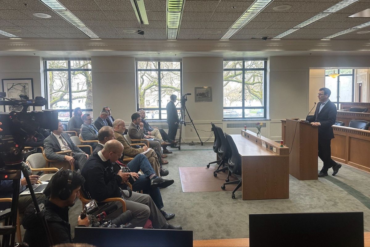 Gov. Elect Bob Ferguson discusses his plan to cut the state’s budget deficit by $4.4 billion during a media briefing at the Washington State Capitol on Thursday, Jan. 9, 2025.  (Mitchell Roland/The Spokesman-Review)