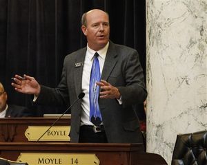 House Majority Leader Mike Moyle, R-Star, debates against child support enforcement legislation in the House on Monday (AP / Otto Kitsinger)