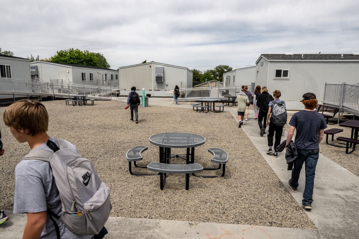 After a fire destroyed their K-8 school building last fall, students and staff have spent the year in portable classrooms while the new Almira School building is constructed in the Lincoln County rural town.  (COLIN MULVANY/THE SPOKESMAN-REVI)