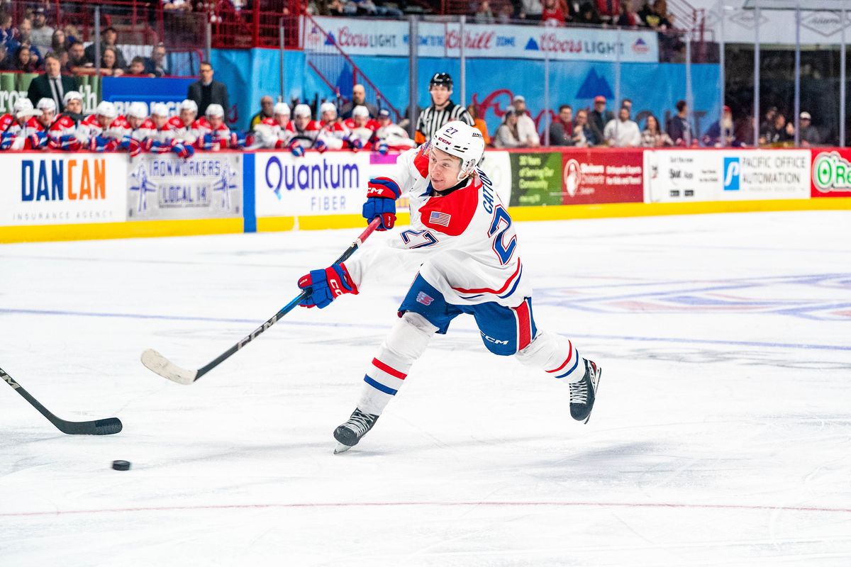 Spokane Chiefs forward Berkly Catton scores his 12th goal of the season against the Portland Winterhawks on Nov. 30, 2024 at the Spokane Arena.   (Larry Brunt/Spokane Chiefs)