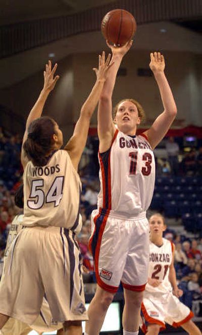 
Gonzaga's Maria Hassett shoots a short jumper over Purdue's Samantha Woods. 
 (Jesse Tinsley / The Spokesman-Review)