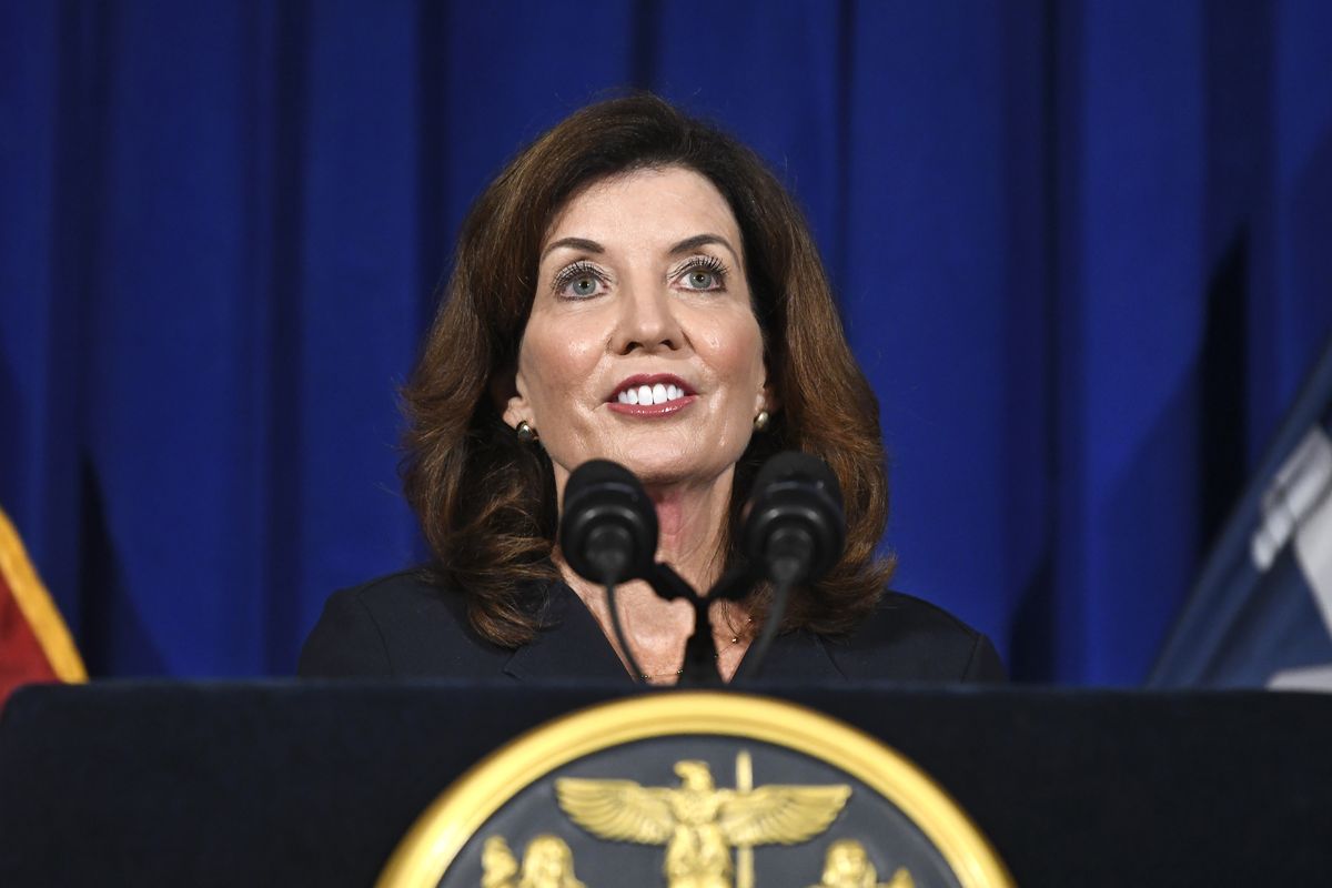 FILE - New York Lt. Gov. Kathy Hochul gives a news conference at the state Capitol on Wednesday, Aug. 11, 2021, in Albany, N.Y. Taking over on short notice for a scandal-plagued predecessor in the midst of the coronavirus pandemic, Hochul began her tenure as New York governor Tuesday, Aug. 24 with more than enough challenges for a new administration. She also began with a historic opportunity: Hochul is the first woman to hold one of the most prominent governorships in the U.S.  (Hans Pennink)