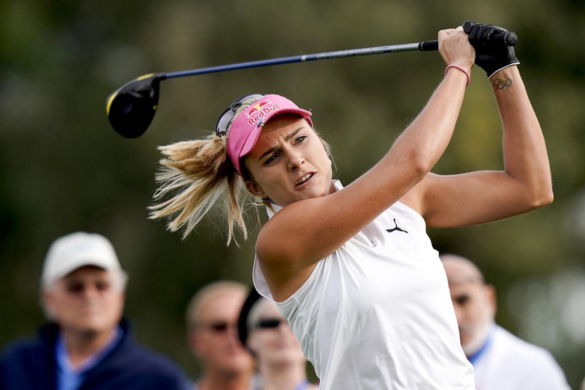 Lexi Thompson hits her tee shot on the second hole during the first round of the LPGA Tour ANA Inspiration golf tournament at Mission Hills Country Club Thursday, April 4, 2019, in Rancho Mirage, Calif. (Chris Carlson / Associated Press)