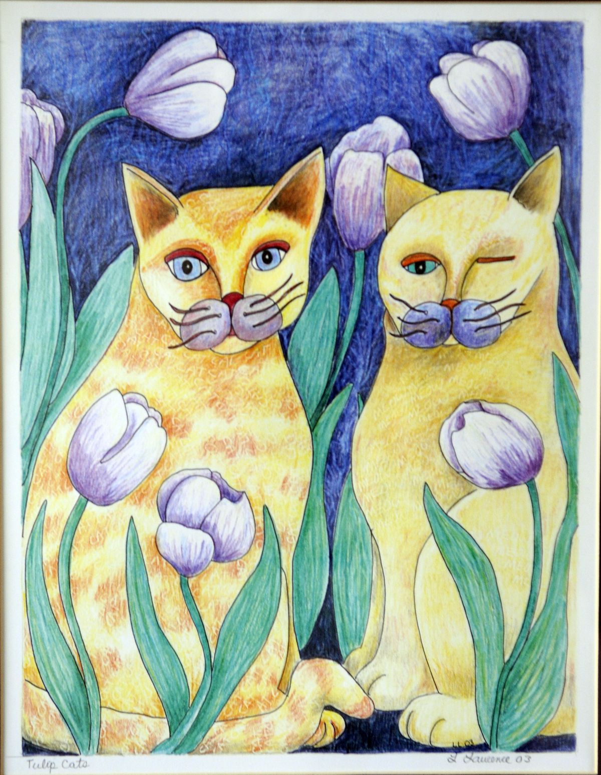 “Tulip Cats,” is one of  Lawrence’s favorite cat drawings. (Colin Mulvany / The Spokesman-Review)