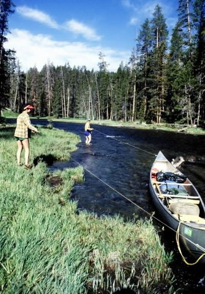 Paddlers track a canoe up the Lewis River to Shoshone Lake in Yellowstone National Park. (Rich Landers)
