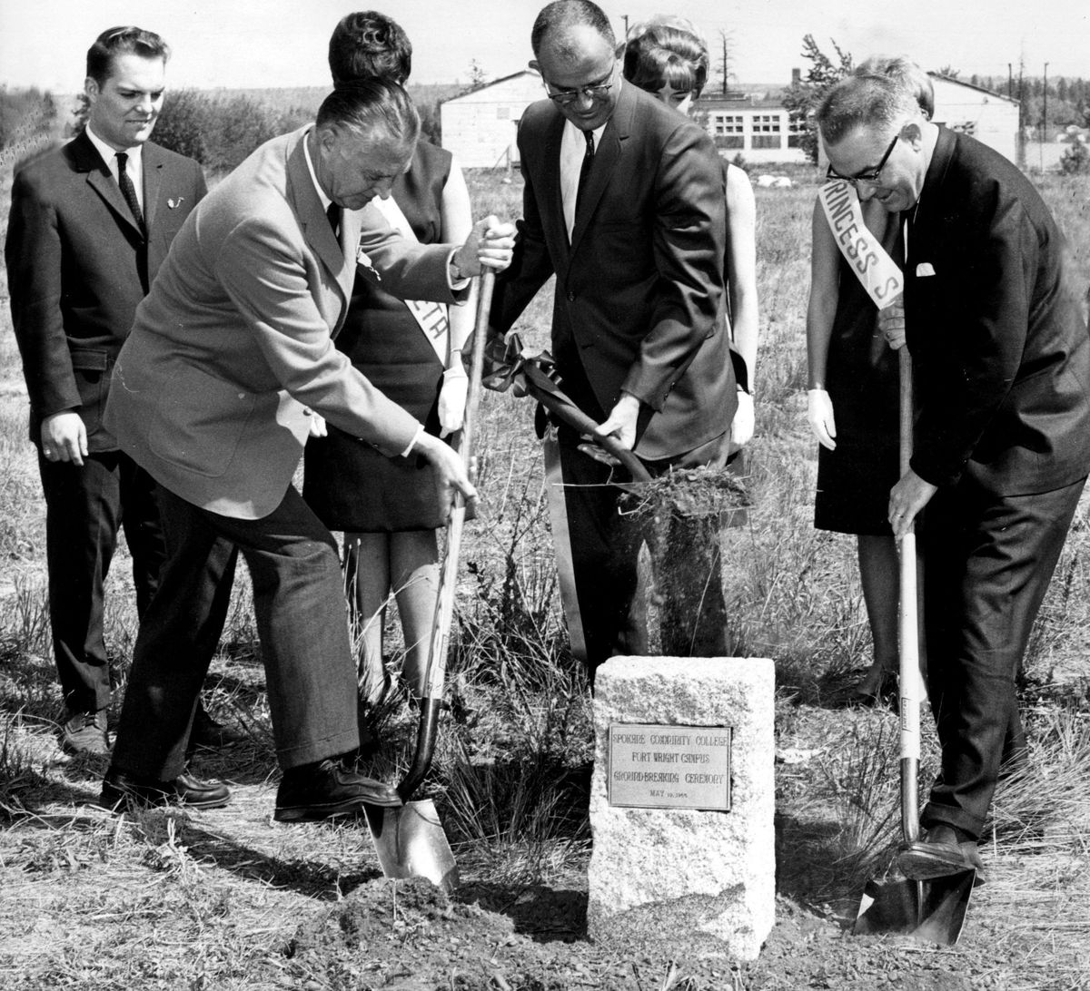Mayor Neal Fosseen, front left, Walter Johnson, center, and William Luscher break ground for the $3.4 million Spokane Falls Community College in 1965.