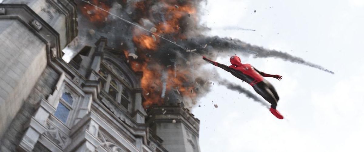 Spider-Man hangs in there in “Spider-Man: Far From Home.” (Columbia Pictures)