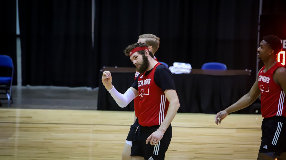 Forward Tanner Groves, Eastern Washington’s leading scorer at 16.4 ppg, gestures to a teammate during Friday’s NCAA Tournament practice in Indianapolis.  (Courtesy of Brittany Lancaster/EWU Athletics)