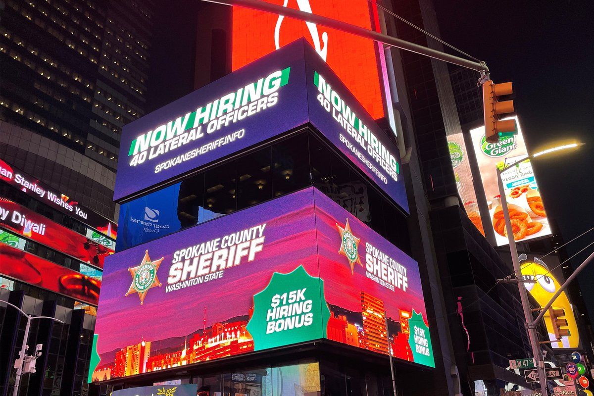 The Spokane County Sheriff’s Office spent $12,000 for two days of billboard space in Times Square in an effort to recruit more officers.  (SPOKANE COUNTY SHERIFF