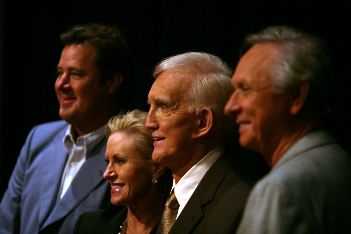 Tammy Genovese, second left, Country Music Association Chief Operating Officer, poses for a photo with Vince Gill, left, Ralph Emery and Mel Tillis, right, Tuesday, Aug. 7, 2007, in Nashville, Tenn., after it was announced that the three men will be inducted into the Country Music Hall of Fame. Emery, who became known as the dean of country music broadcasters over more than a half-century in both radio and television, died Saturday, Jan. 15, 2022, his family said. He was 88.  (Jeff Adkins)