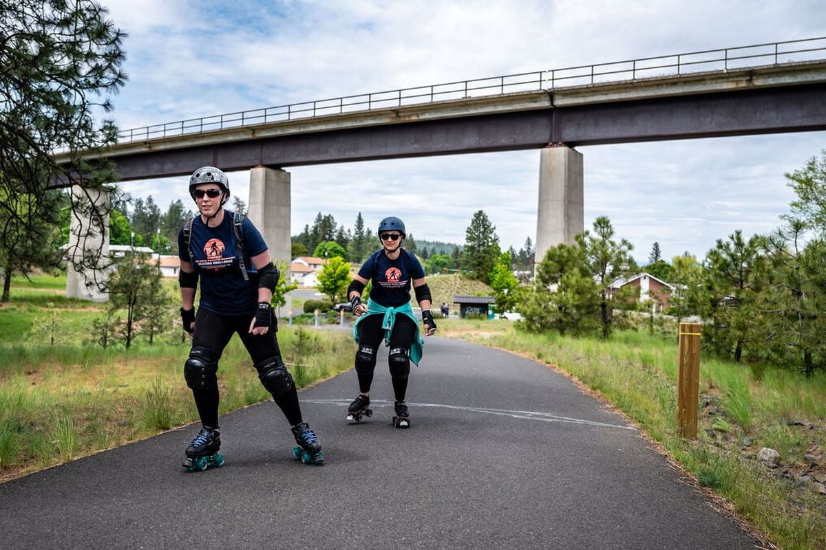 Liz Morley, in front, and Michele Faus set off as they skate the Fish Lake Trail on May 12, 2020.  (COLIN MULVANY)