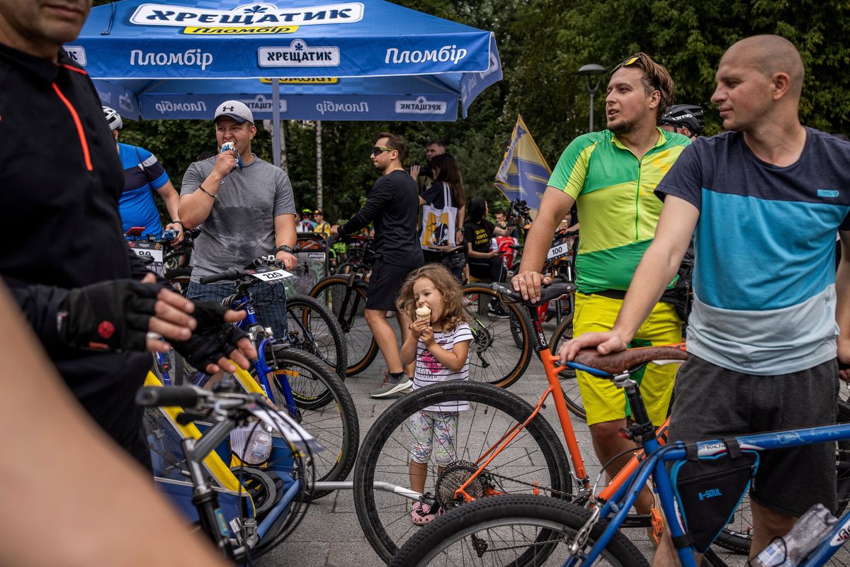 Cyclists participate in a charitable event in solidarity with the Azovstal prisoners at a cycle track in Kyiv, Ukraine on Aug. 20, 2022. The battle at Mariupol