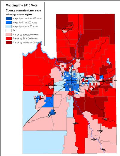 Map of votes in Spokane County Commissioner's race, 2010. (Jim Camden/The Spokesman-Review)
