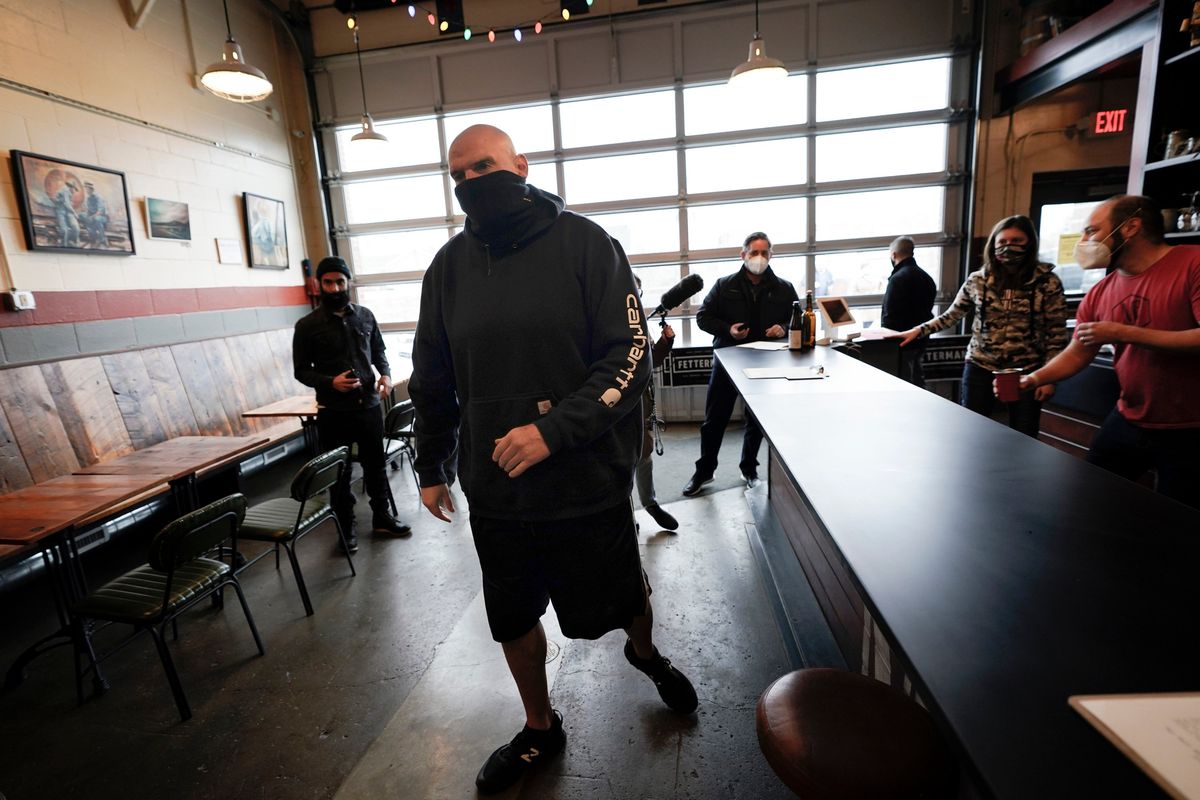 Democratic candidate for the Pennsylvania U.S.senate seat in the 2022 primary election, Lt. Gov. John Fetterman, arrives for a campaign stop at the Mechanistic Brewery, in Clarion, Pa., Saturday, Feb. 12, 2022. The Democratic Party