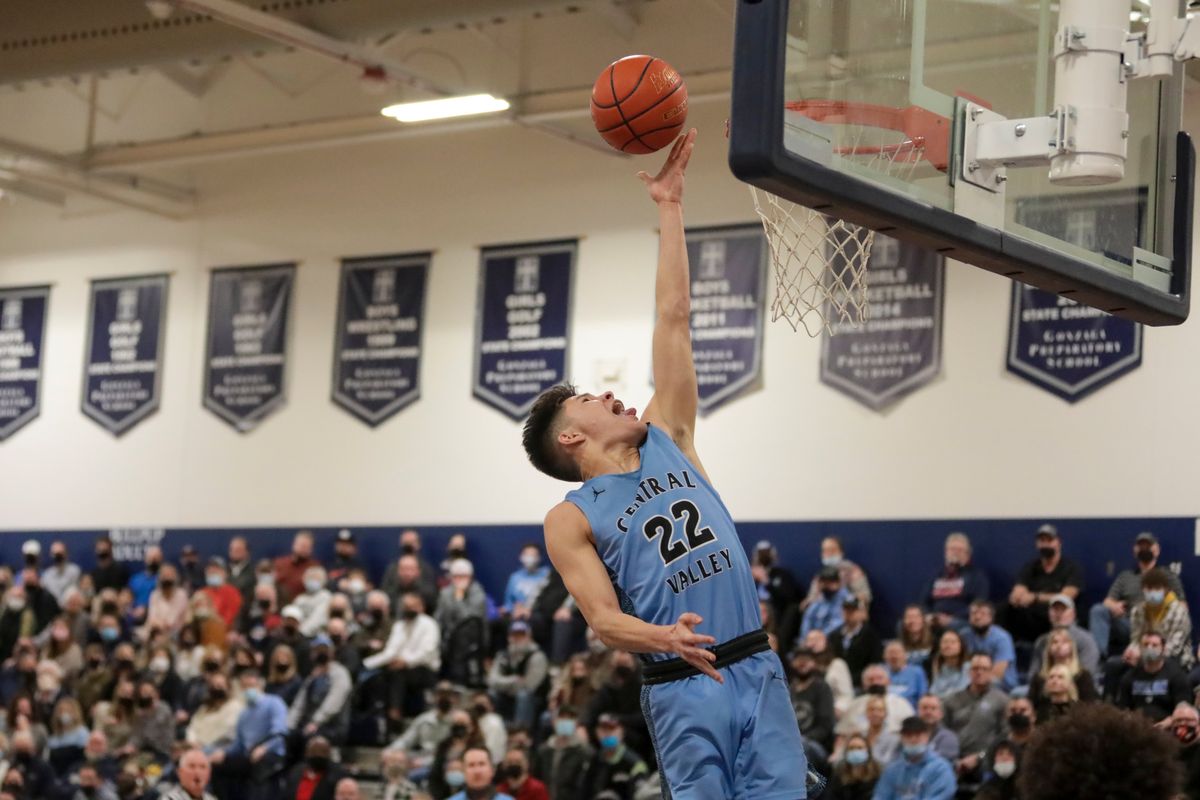 Central Valley’s Dylan Darling scores two of his 30 points against host Gonzaga Prep during GSL play Friday. (CHERYL NICHOLS/For The Spokesman-Review)