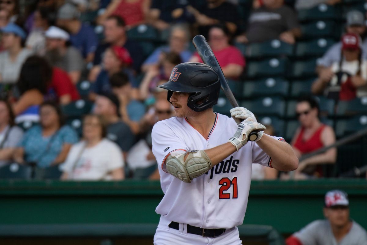 Former Washington State first baseman Kyle Manzardo bats for the Bowling Green Hot Rods against the Hickory Crawdads on July 4 in Bowling Green, Ohio.  (Courtesy Keilen Frazier)