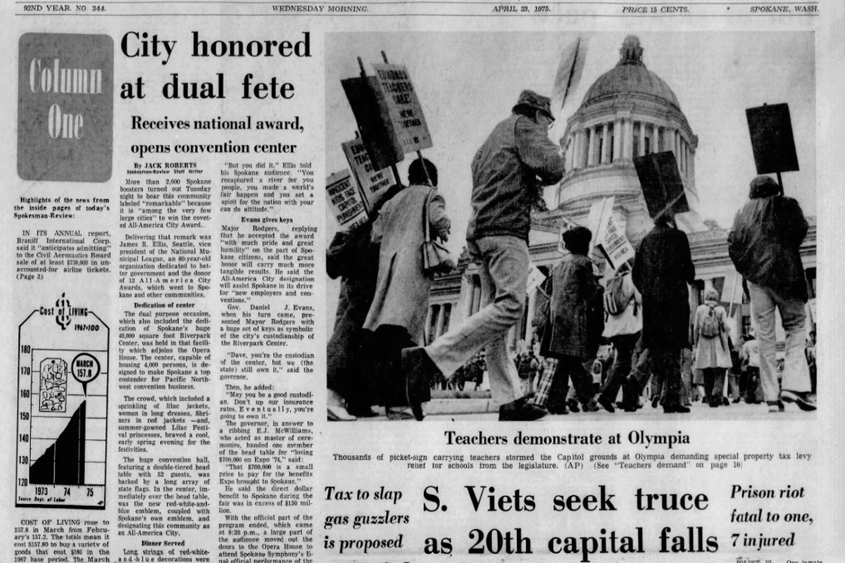About 2,000 people showed up for the opening of Riverpark Center, now known as the Spokane Convention Center, and the official bestowing of the All-American City Award, The Spokesman-Review reported on April 23, 1975.  (Spokesman-Review archives)