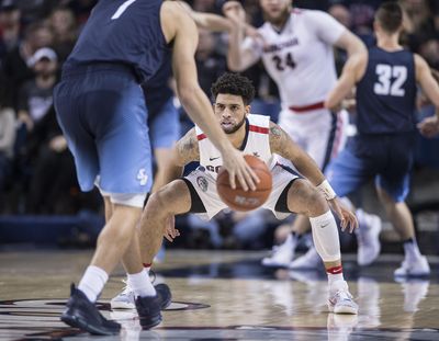 Gonzaga guard Josh Perkins digs in on defense against San Diego guard Tyler Williams, Jan. 26, 2107, in the McCarthey Athletic Center. (Dan Pelle / The Spokesman-Review)