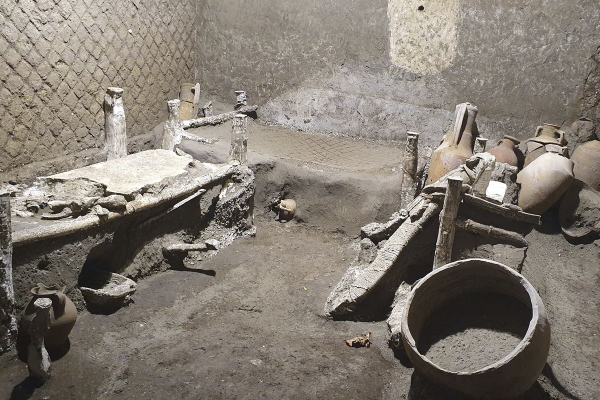 A view of the latest finding in Pompeii, Italy. Archaeologists, excavating a villa amid the ruins of the 79 A.D. volcanic eruption, have discovered a room that served as both a dormitory and storage area, which officials said Saturday offered “a very rare insight the daily life of slaves.” Italy’s culture minister, Dario Franceschini, said the find was “an important discovery that enriches the knowledge of the daily life of ancient Pompeiians, in particular the level of society still little known.”  (HONS)