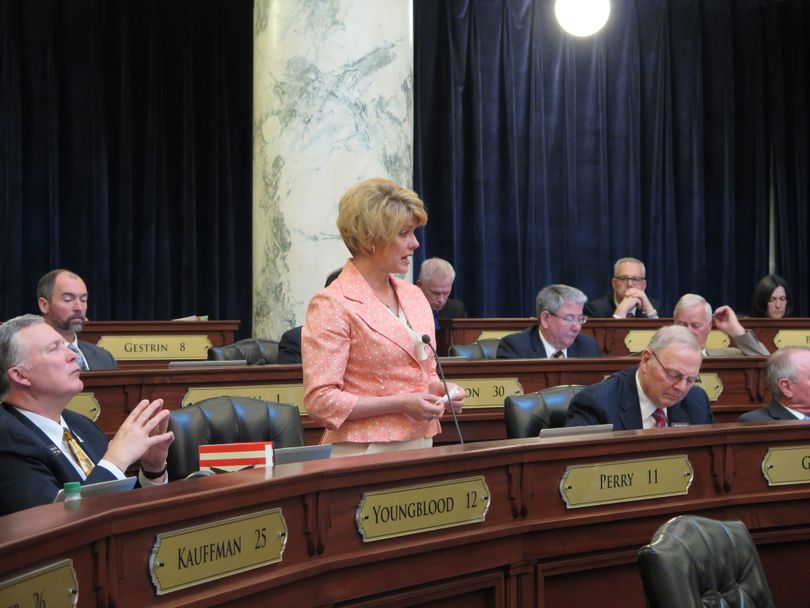 A tearful Rep. Christy Perry, R-Nampa, pleads with the House not to send the governor's Idaho Health Care Plan bill back to committee without a vote. (The Spokesman-Review / Betsy Z. Russell)