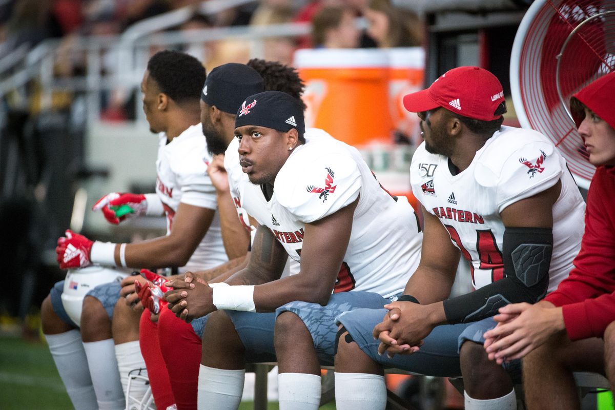 Eastern Washington University's bench looks on during a 35-27 loss to the University of Idaho on Sept. 21, 2019 at the Kibbie Dome in Moscow, Idaho. (Libby Kamrowski / The Spokesman-Review)