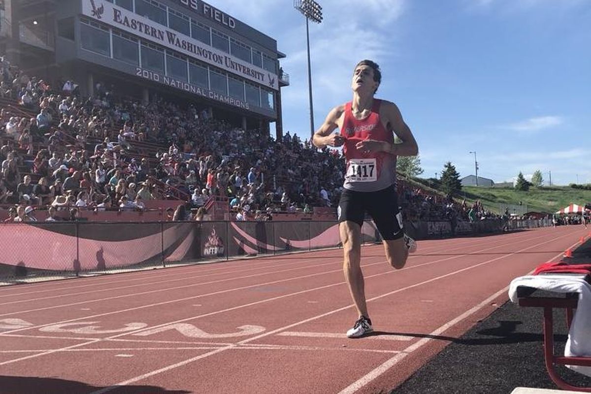 Riverside’s Ben Shaw wins the State 1A 3,200 meters on Saturday  in Cheney, Washington. (@WIAAWA / Twitter)