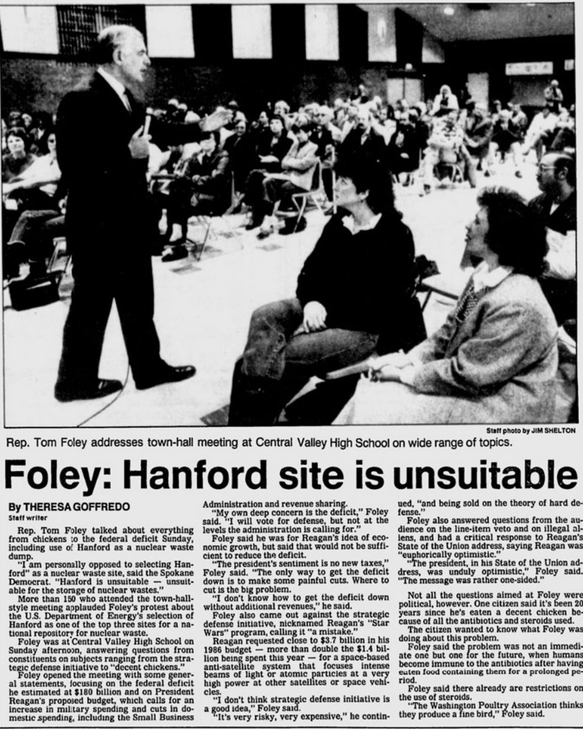 In this Feb. 18, 1985 article from The Spokane Chronicle, Rep. Tom Foley criticizes the use of Hanford as a nuclear waste dump. (Spokesman-Review Archives)